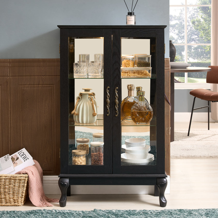 Lighted Curio Cabinet with Tempered Glass Doors and Mirrored Back, Black, view 3