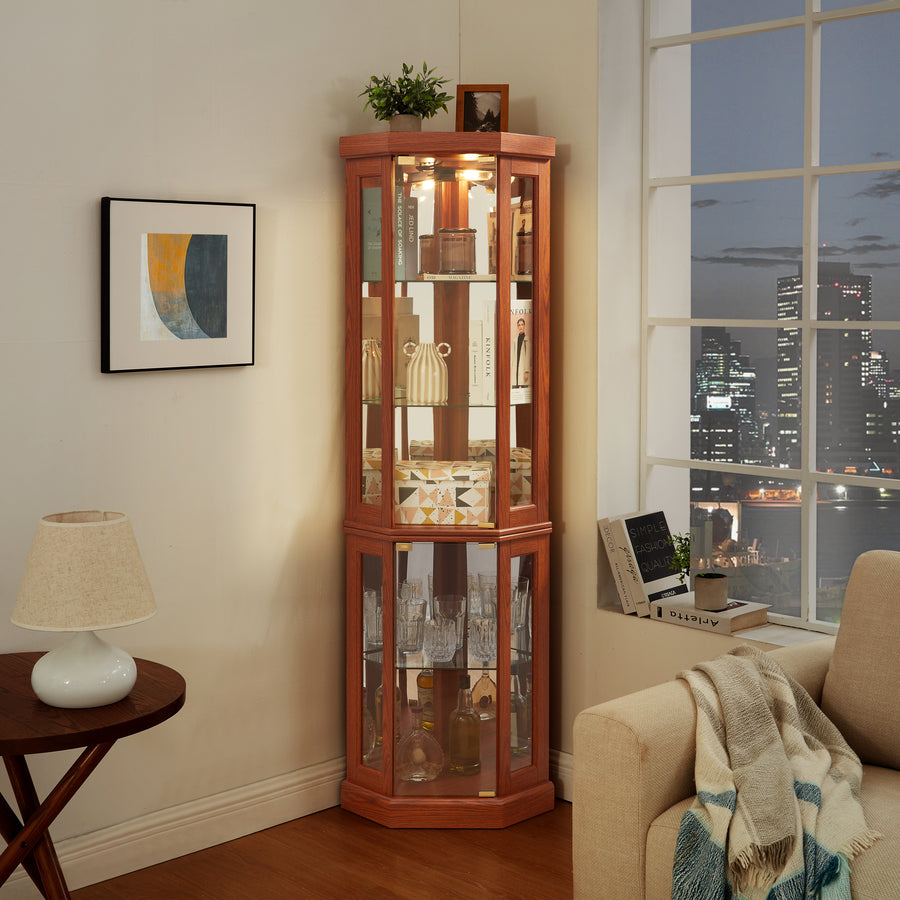 Lighted Corner Curio Cabinet with Glass Doors and Mirrored Back, Dark Oak, view 12