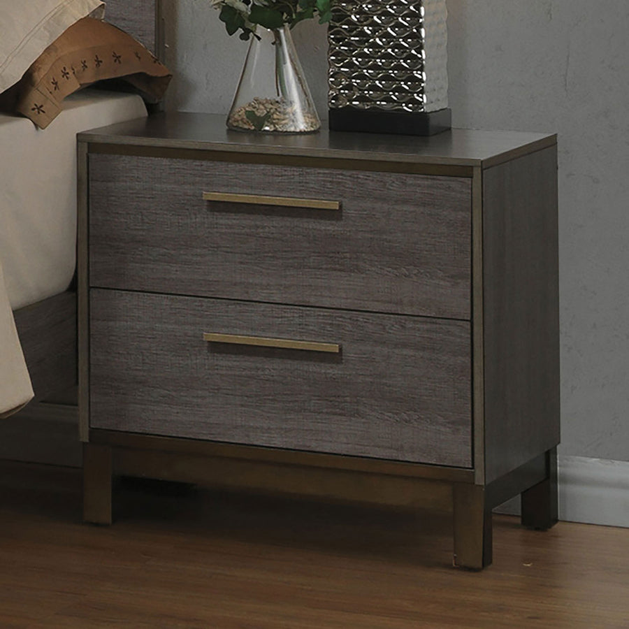 Contemporary Two Tone Antique Gray Nightstand - Center Metal Glides Brass Bar Pulls
