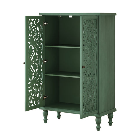 Farmhouse Accent Cabinet with Carved Hollow Doors and Turned Legs, Antique Green, view 16