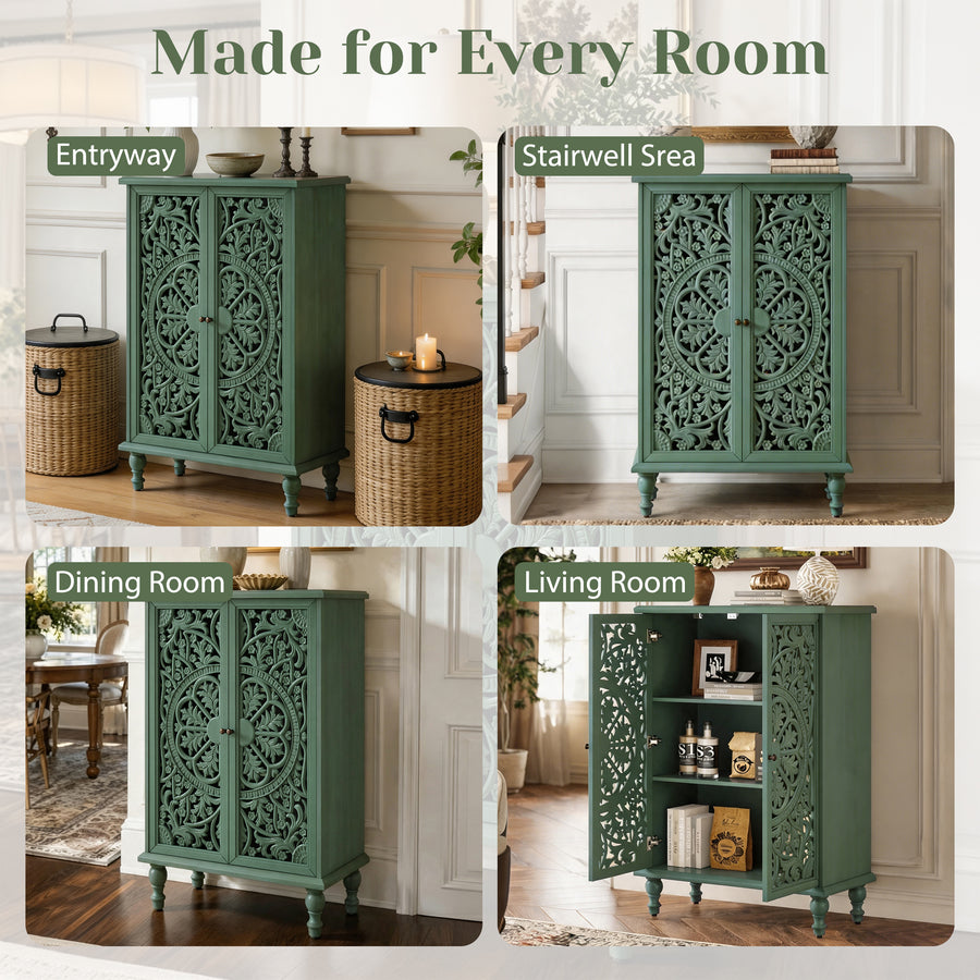 Farmhouse Accent Cabinet with Carved Hollow Doors and Turned Legs, Antique Green, view 9