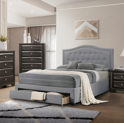 Twin Upholstered Bed with Arched Button-Tufted Headboard and Storage Drawer, Light Gray, view 3