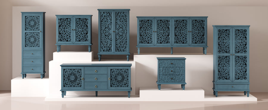 Farmhouse Accent Cabinet with Carved Hollow Doors and Turned Legs, Antique Blue, view 11