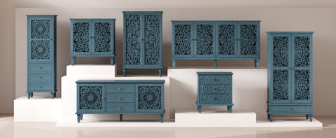Farmhouse Accent Cabinet with Carved Hollow Doors and Turned Legs, Antique Blue, view 11