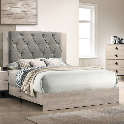 Contemporary California King Bed with Gray Tufted Headboard, Rubberwood Frame, Cream Finish