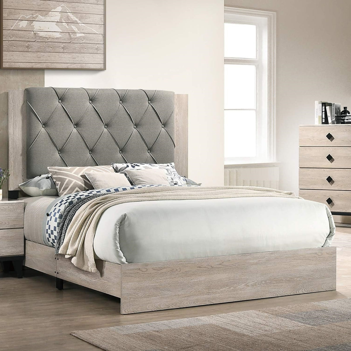 Contemporary California King Bed with Gray Tufted Headboard, Cream