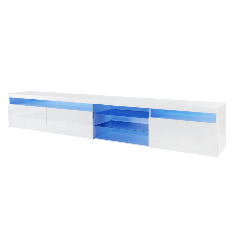 94.5" Extra-Long TV Stand with Glass Shelves and App-Controlled LED Lights, White, view 10