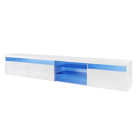 94.5" Extra-Long TV Stand with Glass Shelves and App-Controlled LED Lights, White, view 10