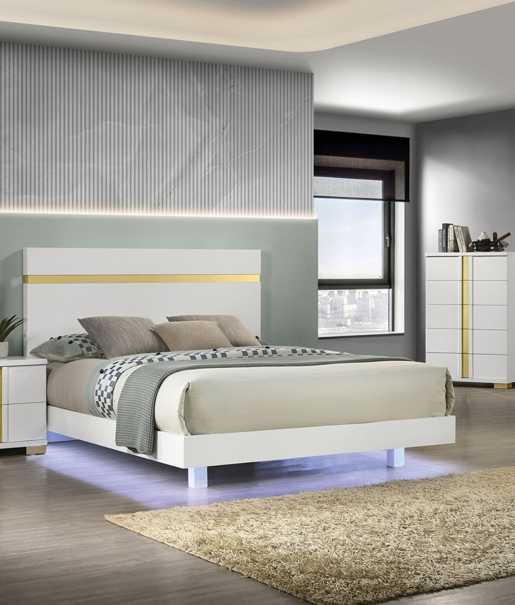 Modern Queen Bed with Under-Bed LED Lights and Acrylic Trim, White