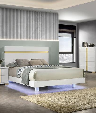 Modern King Bed with Under-Bed LED Lights and Acrylic Trim, White, view 2
