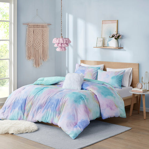Full/Queen Watercolor Tie Dye Comforter Set with Throw Pillow – Soft Printed Bedding for Bedroom Decor