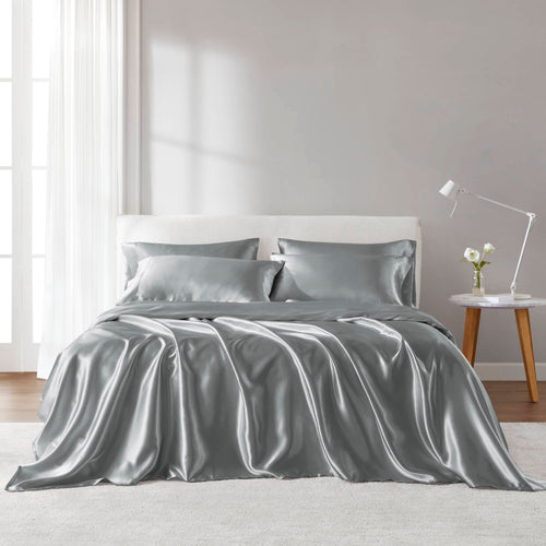 Twin Satin Sheet Set, Silky Wrinkle-Free Sheets with Fitted Sheet for Up to 16" Mattresses, Grey
