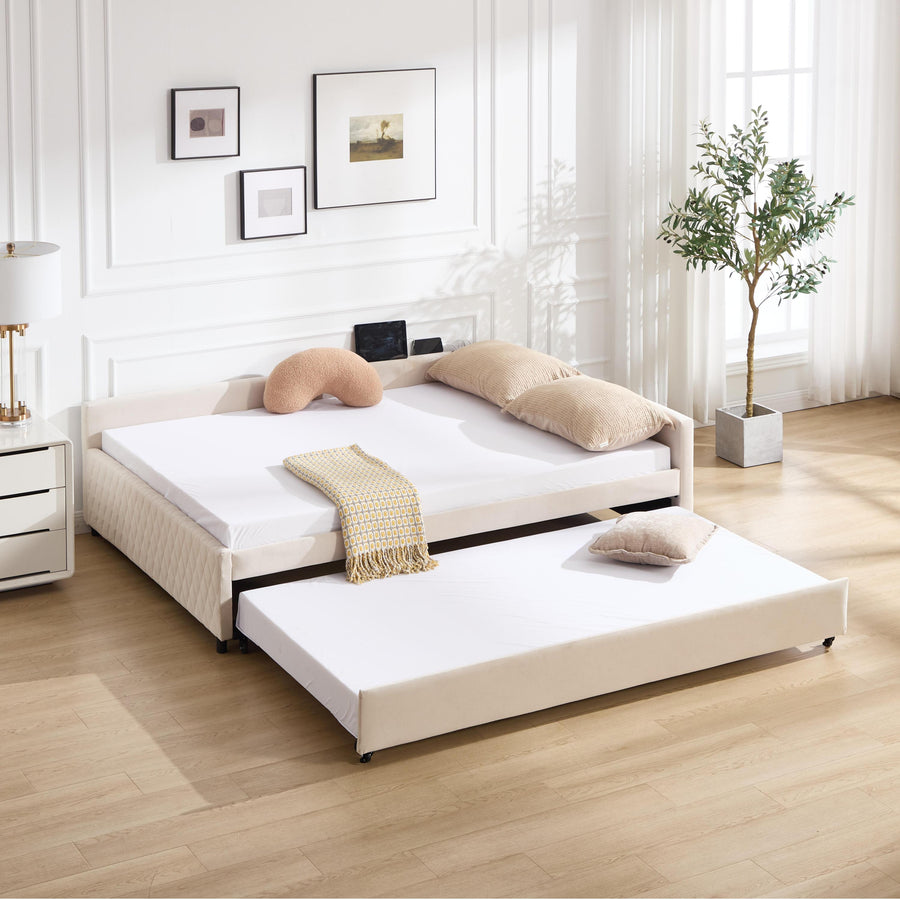Beige Upholstered Daybed | Trundle Sturdy Wooden Frame Diamond Grid