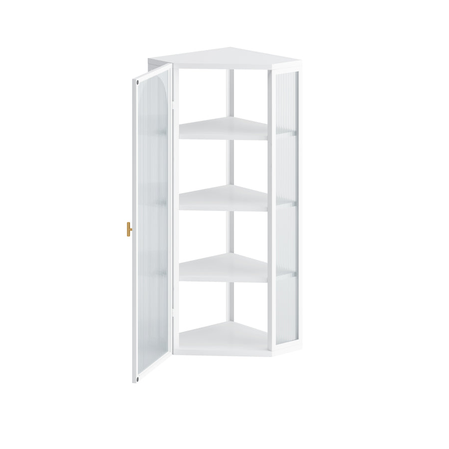 Wall-Mounted Corner Cabinet with Ribbed Glass Door and 4 Tiers, White, view 9