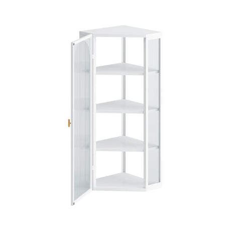 Wall-Mounted Corner Cabinet with Ribbed Glass Door and 4 Tiers, White, view 9