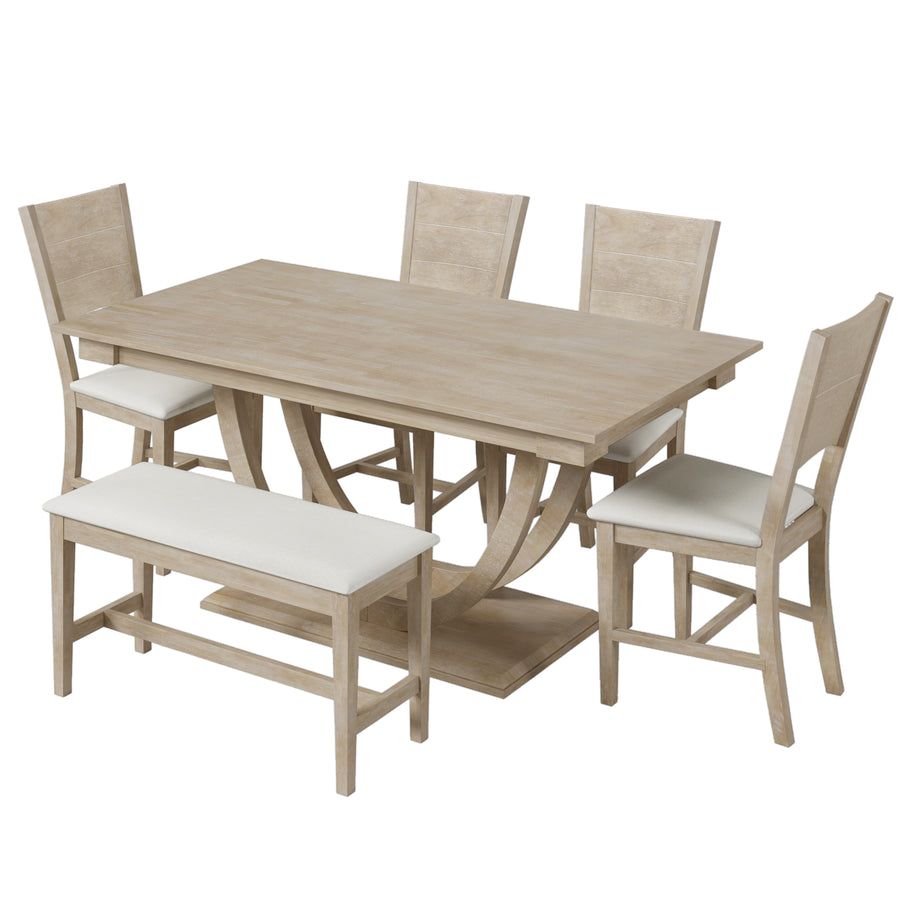 6-Piece Modern Wood Dining Set – Table with Bench & Upholstered Chairs, Rubberwood Frame