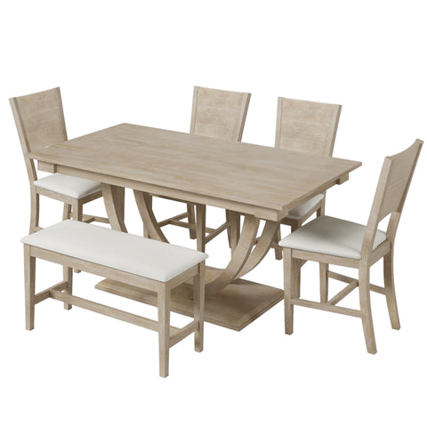 6-Piece Modern Wood Dining Set – Table with Bench & Upholstered Chairs, Rubberwood Frame