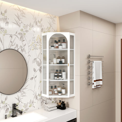 Wall-Mounted Corner Cabinet with Ribbed Glass Door and 4 Tiers, Metal Bathroom Storage Cabinet, White