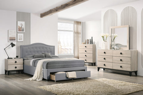 Twin Upholstered Bed with Arched Button-Tufted Headboard and Storage Drawer, Light Gray, view 9