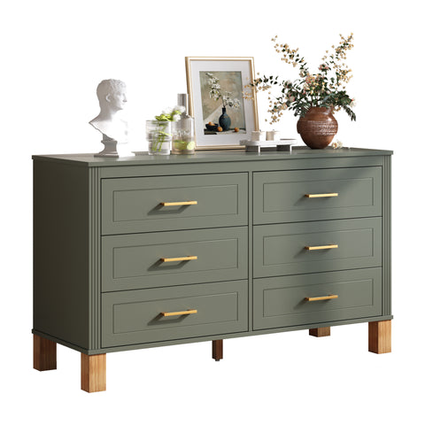 Mid-Century 6-Drawer Double Dresser with Metal Handles and Solid Wood Legs, Olive, view 19