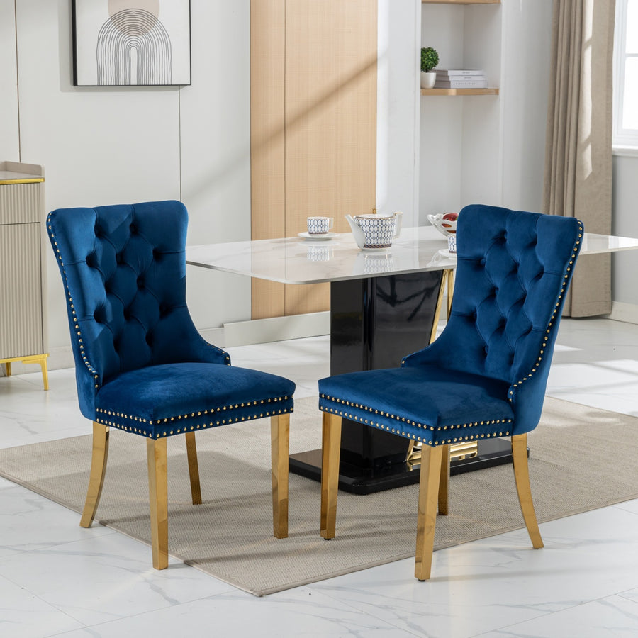 Nikki Collection 2PC Modern Tufted Dining Chairs - Velvet Golden Steel Legs Blue Gold