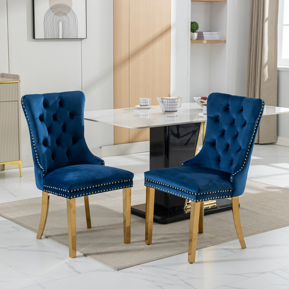 Nikki Collection 2PC Modern Tufted Dining Chairs - Velvet Golden Steel Legs Blue Gold