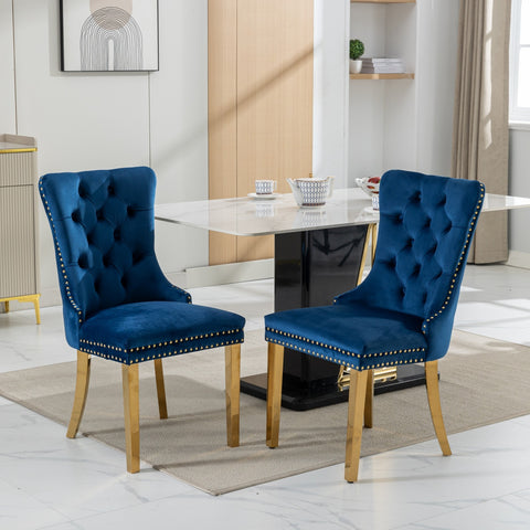 Nikki Collection 2PC Modern Tufted Dining Chairs - Velvet Golden Steel Legs Blue Gold