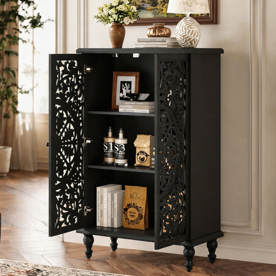 Farmhouse Accent Cabinet with Carved Hollow Doors and Turned Legs, Black, view 6