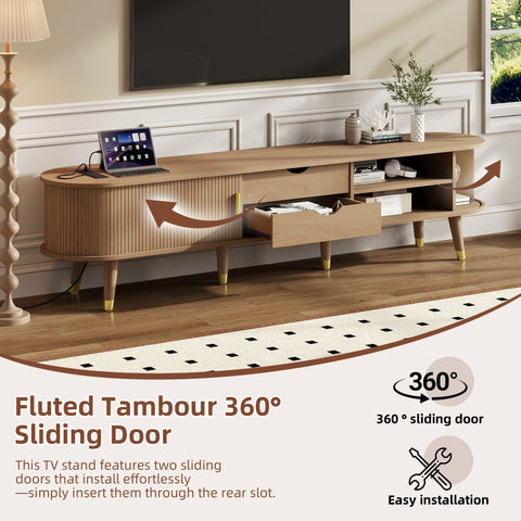 Fluted Oval TV Stand with Charging Station, Natural, view 6
