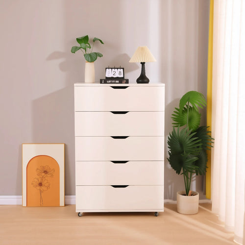 5-Drawer Dresser with Wheels, Tall Rolling Storage Cabinet with Cutout Handles, White