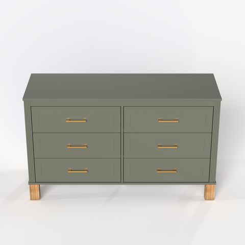 Mid-Century 6-Drawer Double Dresser with Metal Handles and Solid Wood Legs, Olive, view 17