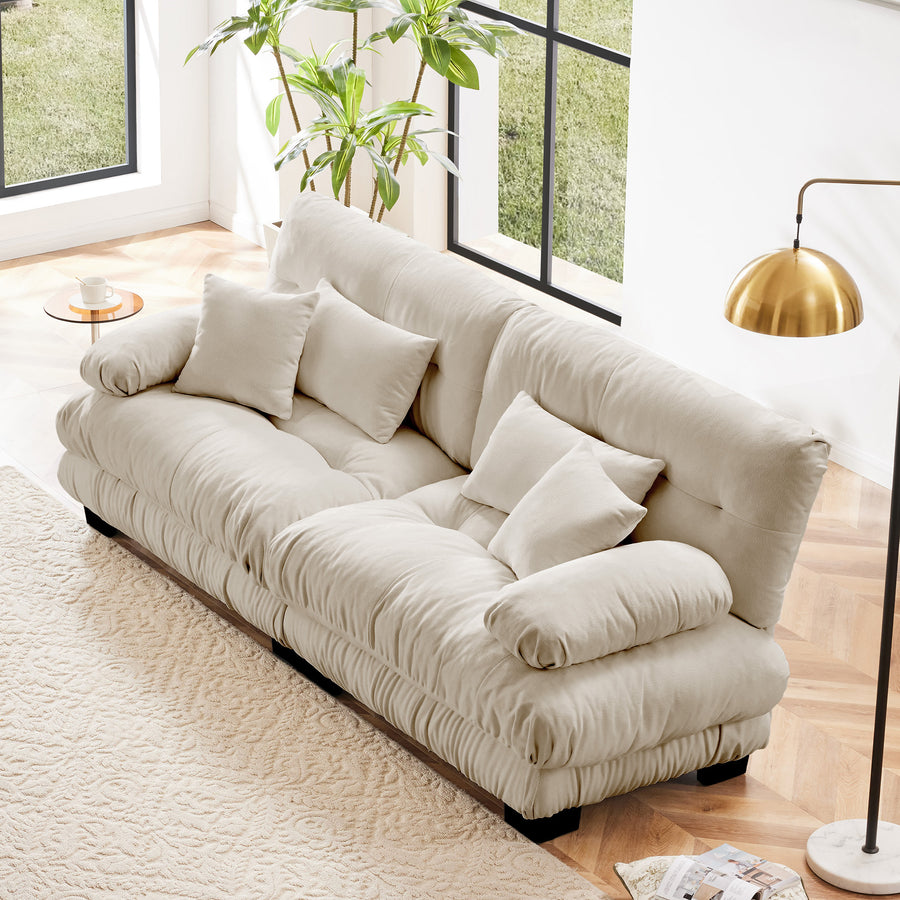 Light Coffee & White Chenille 4-Piece Cloud Modular Sectional Sofa | 5-Seater U/L-Shaped Convertible Couch with 2-Seat Sofa, 4 Pillows & Ottoman