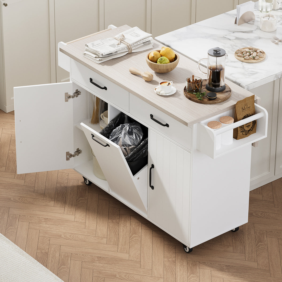 White Rolling Kitchen Island Cart with Trash Can Storage, Drop-Leaf Top, Drawer, Adjustable Shelf, Spice & Towel Rack