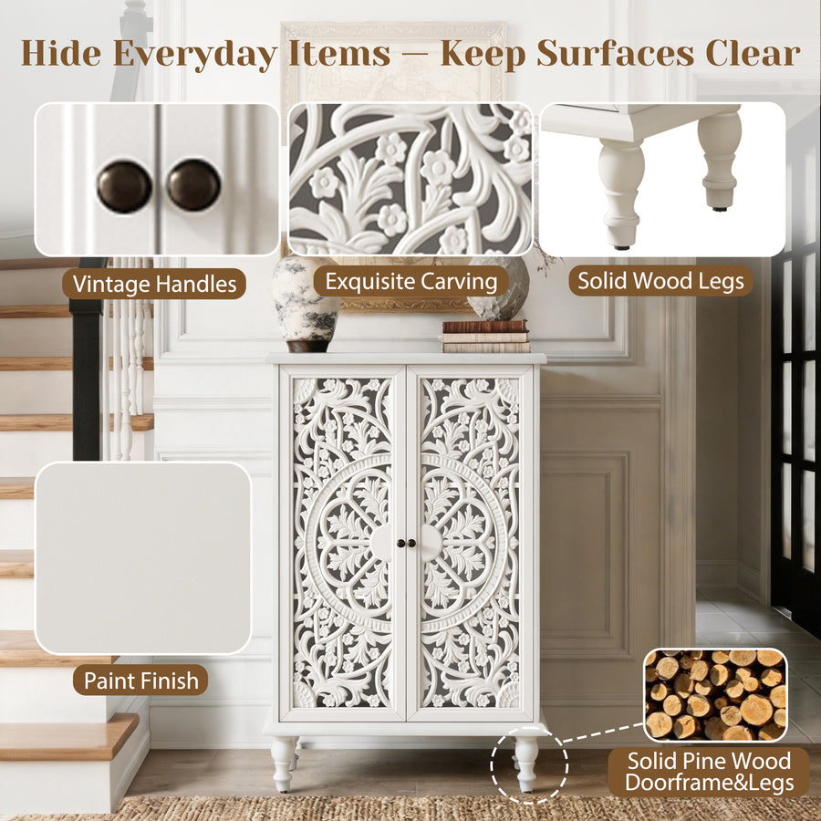 Farmhouse Accent Cabinet with Carved Hollow Doors and Turned Legs, Antique White, view 6
