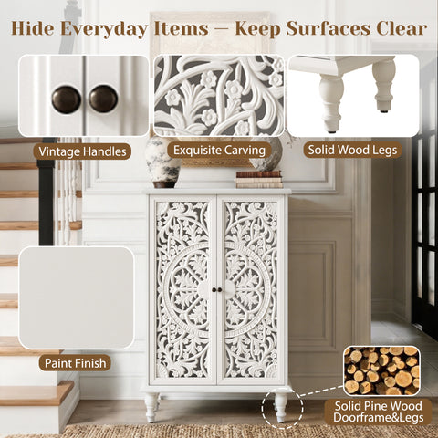 Farmhouse Accent Cabinet with Carved Hollow Doors and Turned Legs, Antique White, view 6