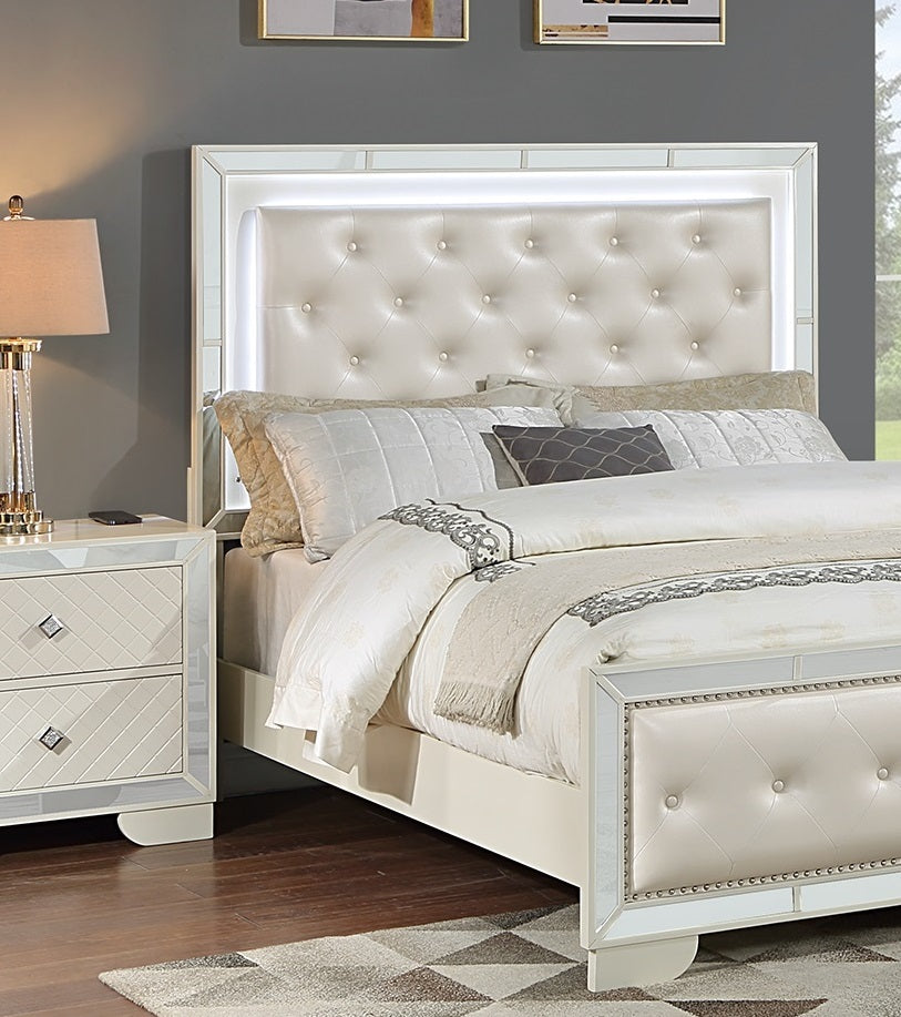Tufted Faux Leather Queen Bed with LED Lights and Mirror Trim, Cream, view 6