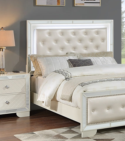 Tufted Faux Leather Queen Bed with LED Lights and Mirror Trim, Cream, view 6