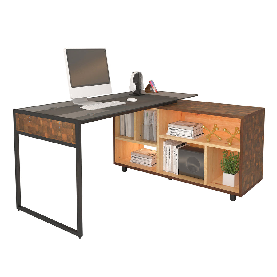 Techni Mobili oak L-shaped computer desk with six storage shelves - view 2