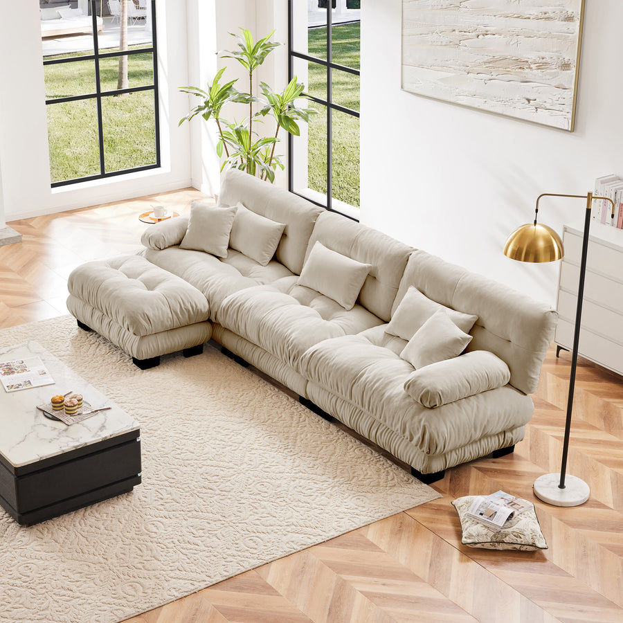 Light Coffee & White Chenille Luxury 4-Piece Modular Sectional Sofa | Oversized 5-Seater L/U-Shaped Cloud Couch with Convertible Ottoman