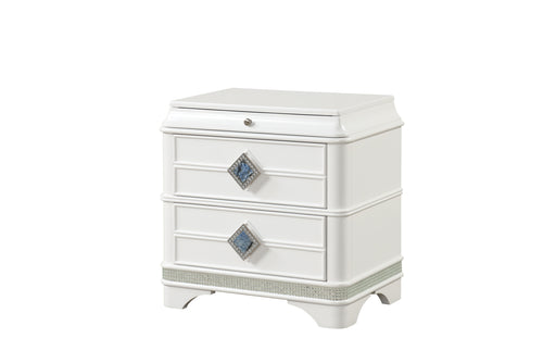 Modern Nightstand with 2 Soft-Close Drawers and Hidden Jewelry Drawer, Crystal Accents, White