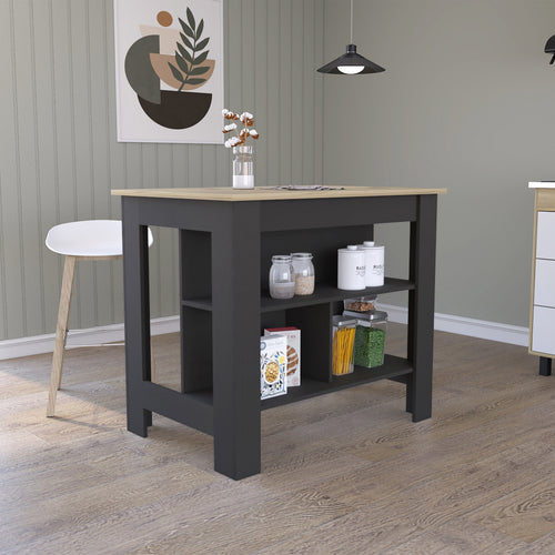 Kitchen Island with 3 Storage Shelves and 30" Leg Clearance, 40.5" Black and Light Oak
