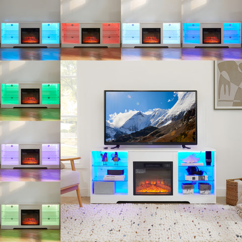 Electric Fireplace TV Stand with LED Lights and Glass Shelves, White, view 18