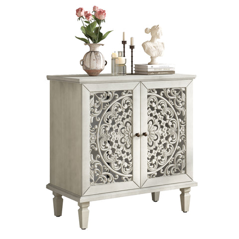 Vintage Accent Cabinet with Carved Floral Doors and Solid Wood Legs, Antique Gray, view 10
