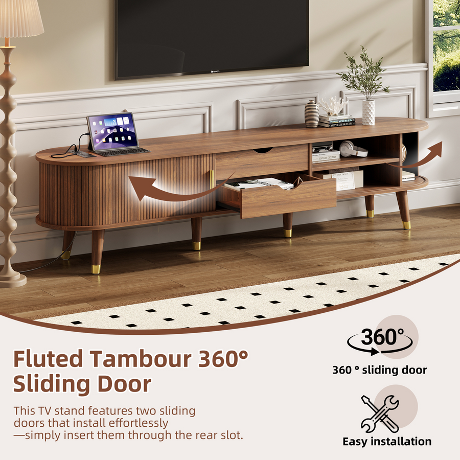 Fluted Oval TV Stand with Charging Station, Walnut, view 3