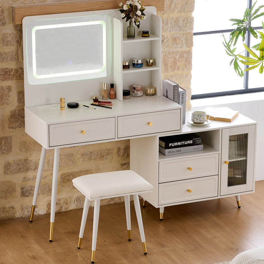 Modern White Makeup Vanity Desk with Mirror & Lights – Dressing Table with Drawers, Cabinet & Power Outlet