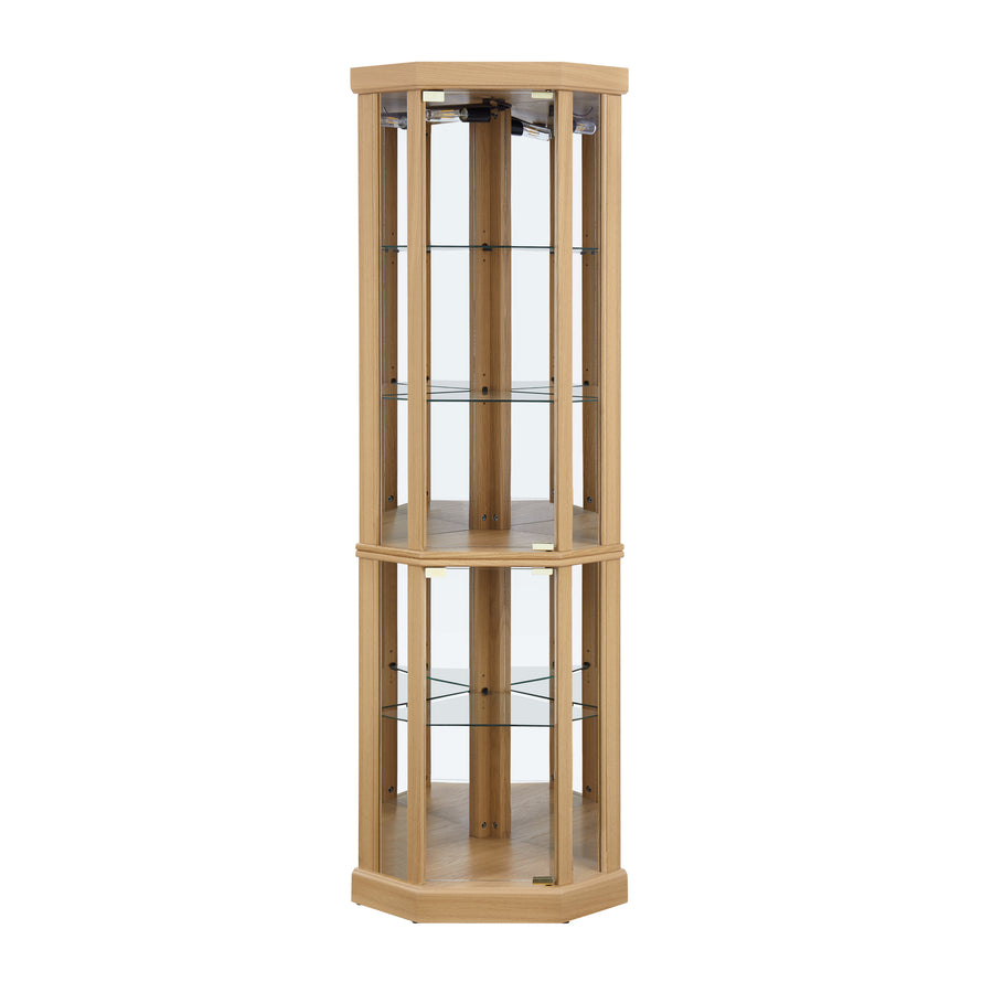 Lighted Corner Curio Cabinet with Glass Doors and Mirrored Back, Light Oak, view 11
