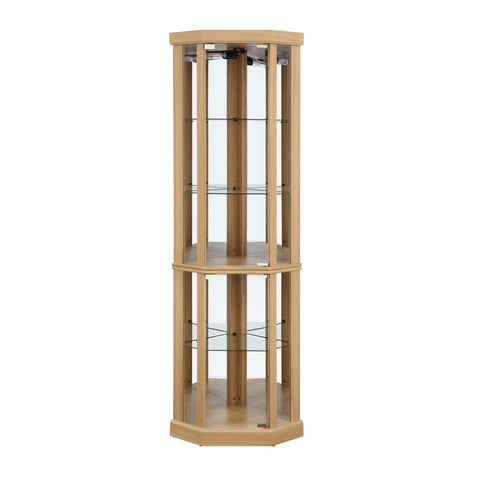Lighted Corner Curio Cabinet with Glass Doors and Mirrored Back, Light Oak, view 11