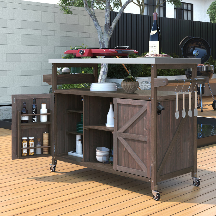 K&K Farmhouse Solid Wood Outdoor Grill Island - Stainless Steel Top, Dark Brown