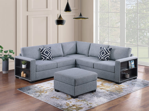 L-Shaped Boucle Sectional Sofa Set with Built-In Shelves, Corner Wedge and Ottoman, 4-Piece, Gray