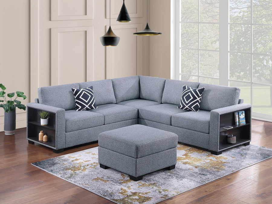Gray Boucle 4-Piece L-Shaped Functional Sectional Sofa Set | Loveseat with Built-in Shelves, Wedge & Ottoman
